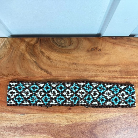 Handmade Beaded Geometric Waist Belt Turquoise Brown Wood Buckle Retro 33 Inch - Picture 6 of 9